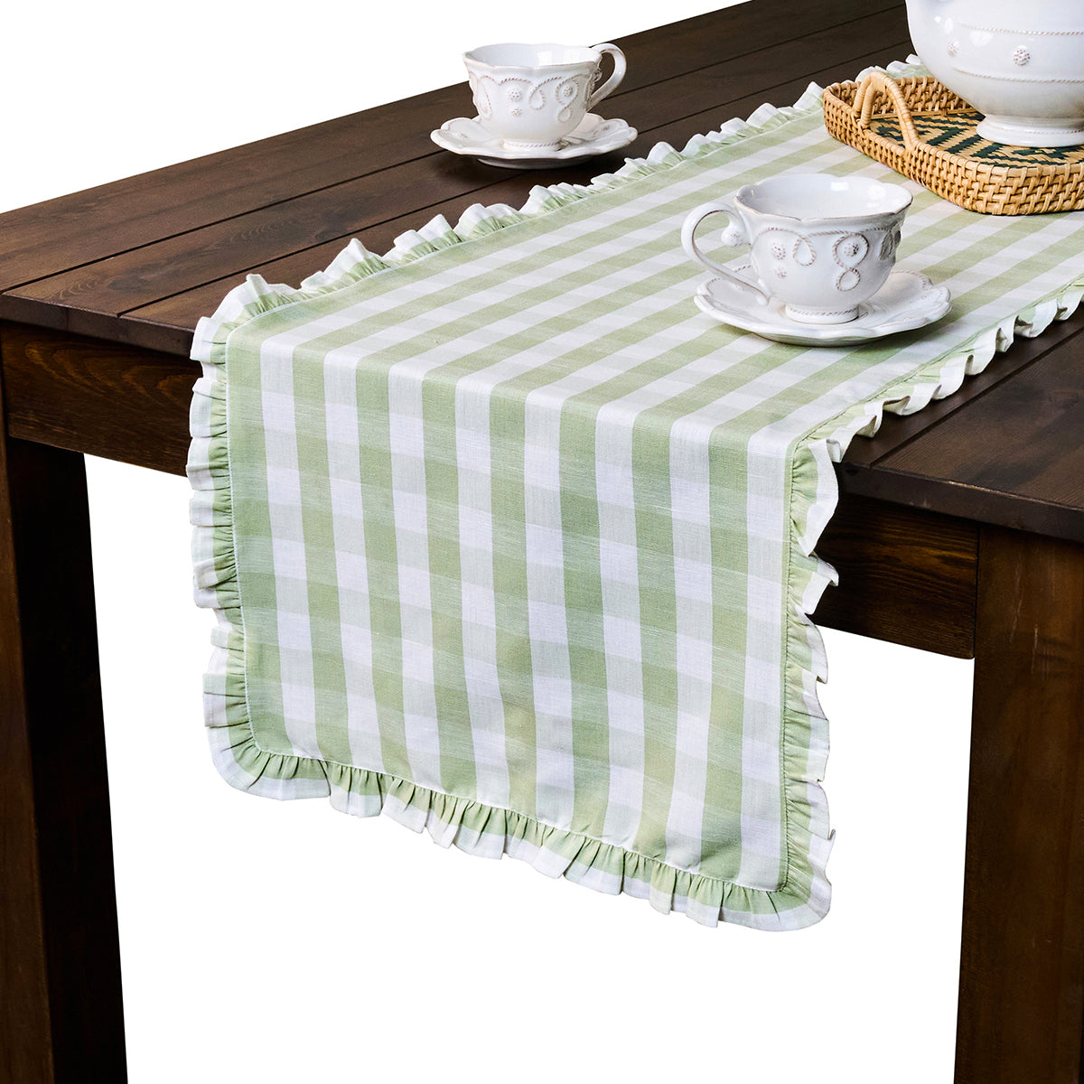 Gingham Ruffle Table Runner Seagrass