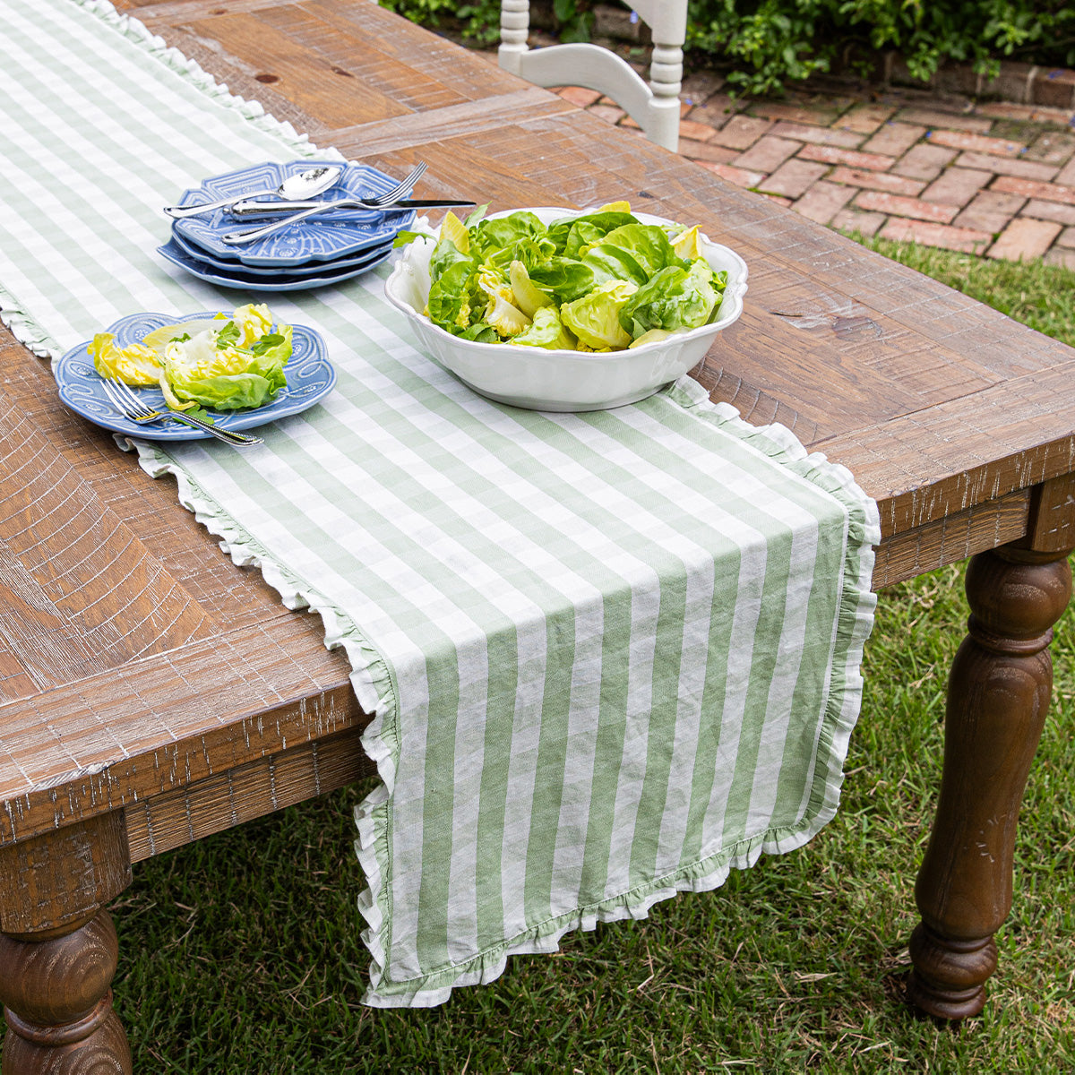 Gingham Ruffle Table Runner Seagrass