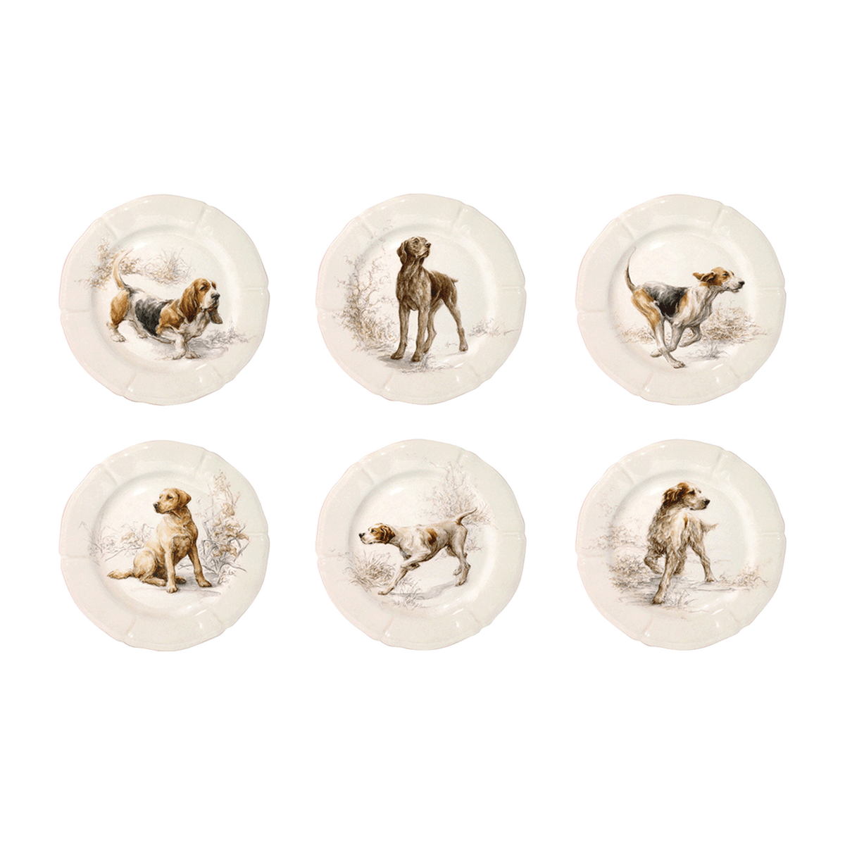 Sologne Dessert Plates Assorted Dogs Set of 6