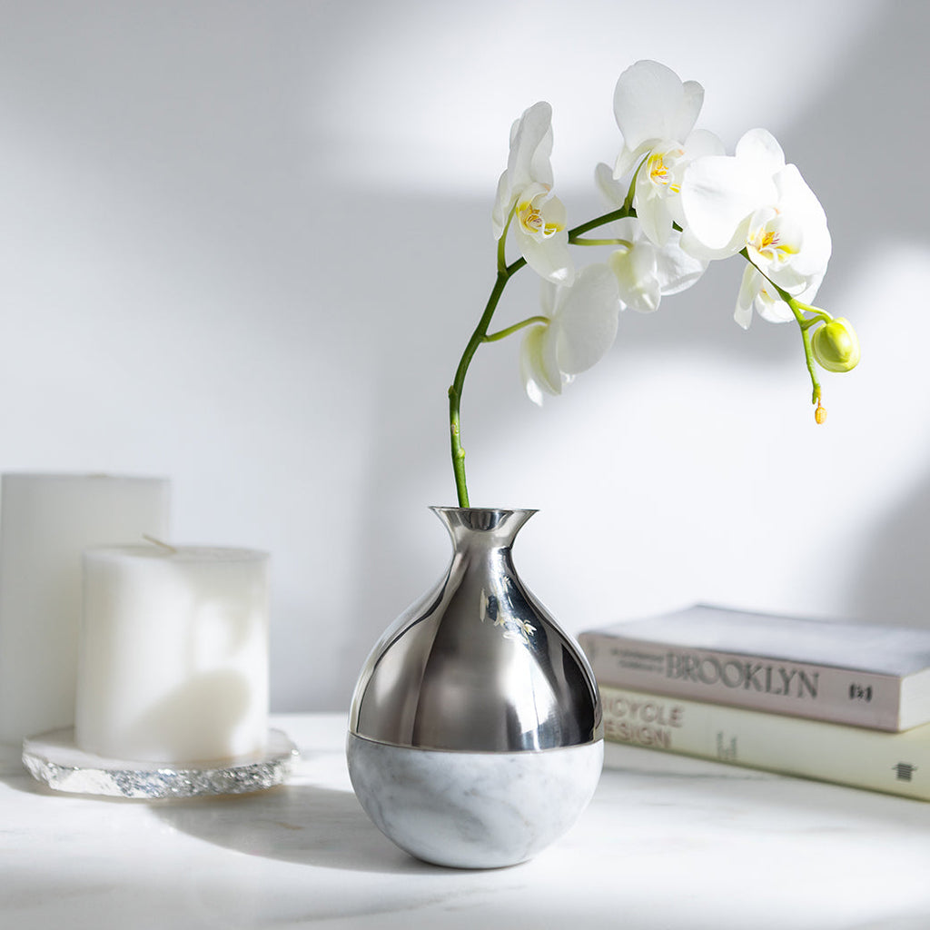Coluna Dual Bud Vase Marble & Silver