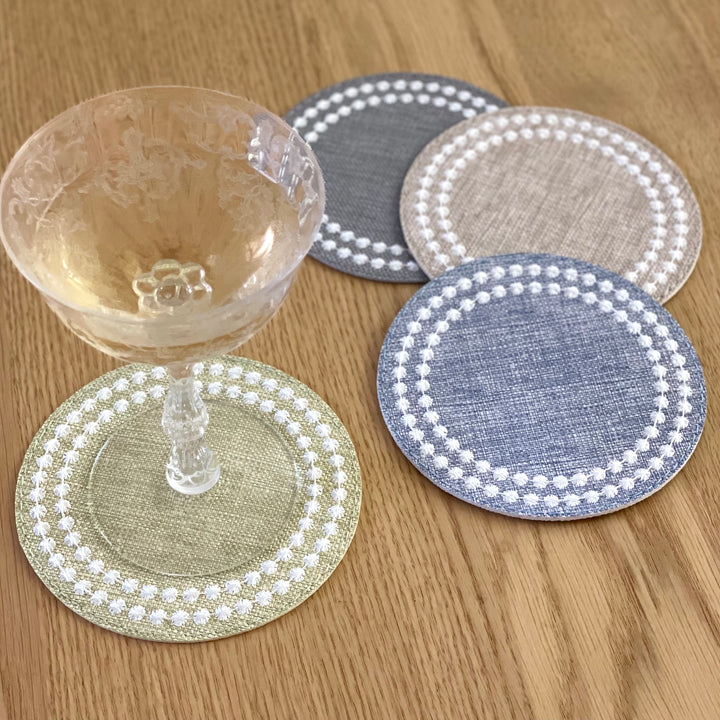 Pearls Embroidered Round Coasters Beige