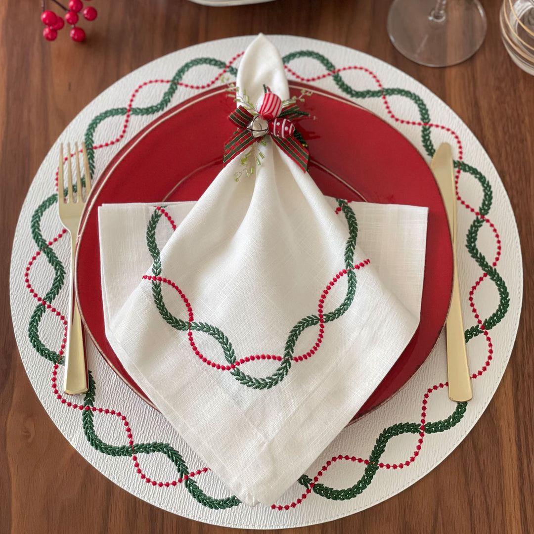 Olympia Embroidered Napkin in Red & Green