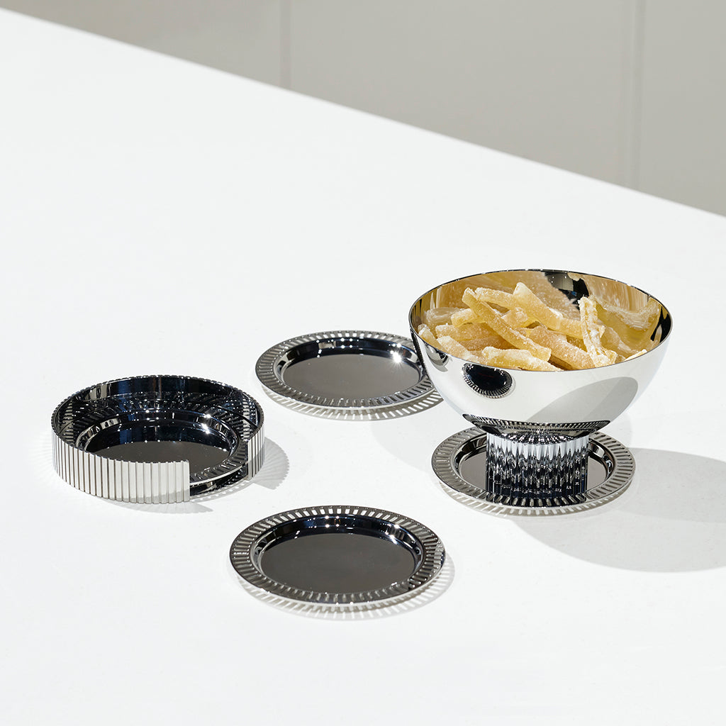 Striations Coasters in Holder Silver Set of 4